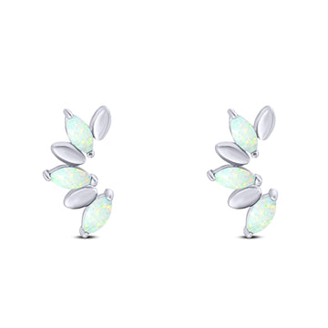 Art Deco Marquise New Style Stud Earring Created White Opal Solid 925 Sterling Silver (11.6mm)